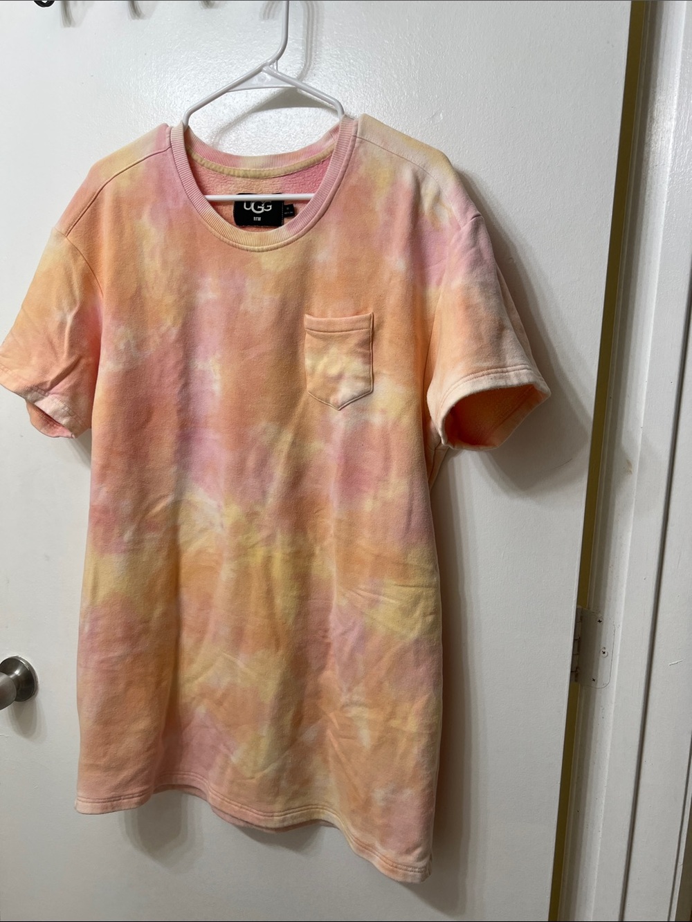 UGG Short-Sleeve Tie-Dye Pocket Tee mini dress in Pastel Pink, Peach & Yellow